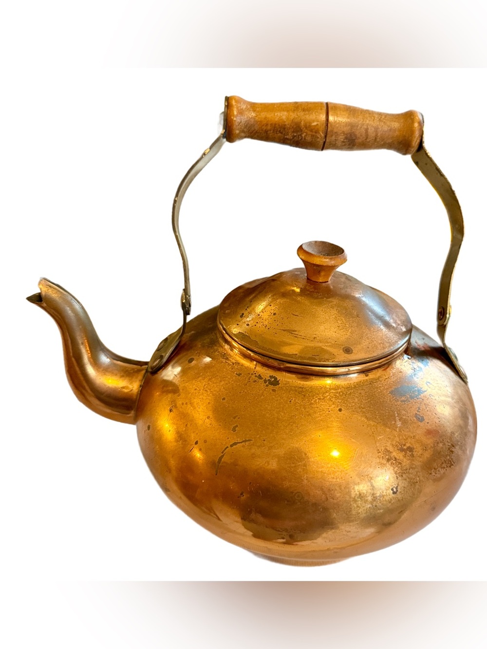 Vintage Solid Copper Round Tea Kettle with Wooden Handles Portugal